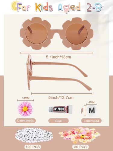 Vista 15 de Dunzy 10 pares de lentes de sol redondos de flores para niños, gafas de bricolaje para exteriores, con 50 margaritas, 100 cuentas de letras al azar
