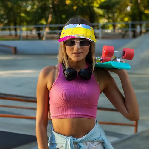 Vista 7 de Cindeer Sombrero deportivo de neón de los años 80 para mujeres y hombres, visera de neón, gorra de nailon ajustable retro para fiestas de los años