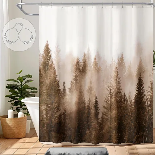 Vista 12 de ORTIGIA 36x72 Cortina de ducha de bosque nebuloso para baño pequeño, cortina de ducha estrecha de naturaleza y bosque en blanco y negro con ganchos