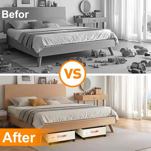 Vista 8 de Almacenamiento debajo de la cama con ruedas, paquete de 2 contenedores de almacenamiento debajo de la cama con tapas transparentes, XXL 65L debajo