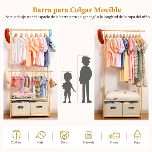 Vista 3 de Perchero de bambú para niños con 2 cestas de almacenamiento y 2 varillas ajustables para colgar, soporte para ropa infantil con estante, estantes