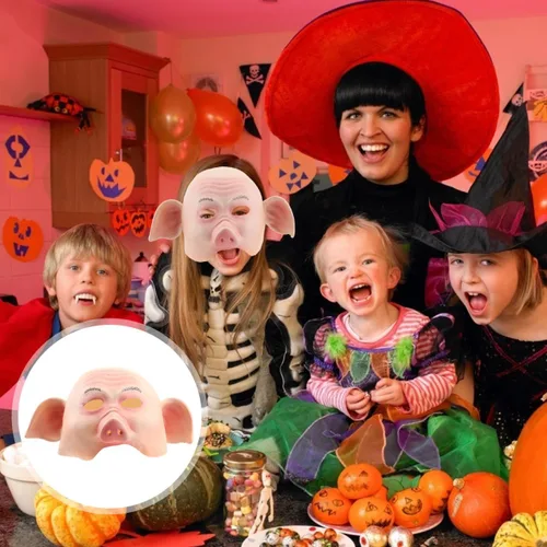 Vista 7 de Amosfun Máscara de cabeza de cerdo de Halloween, máscara facial de látex