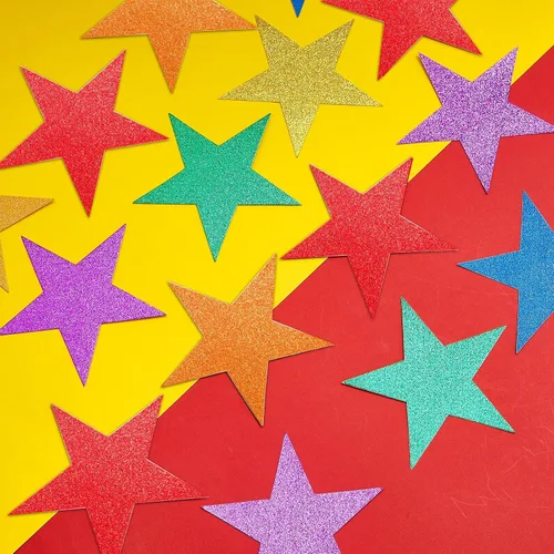 Vista 5 de Gejoy 80 piezas de estrellas con purpurina de arco iris, decoración de estrellas de papel doble impreso para noche de cine, decoración de tablón