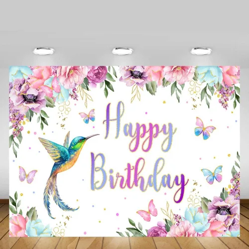 Vista 5 de MEHOFOND Fondo de cumpleaños de colibrí de 7 x 5 pies, fondo floral de acuarela de primavera para niña, suministros de fiesta de primer cumpleaños
