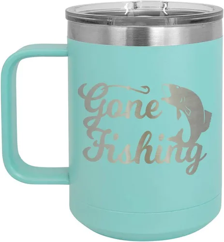 Vista 18 de GONE FISHING Taza de café negra de 15 oz con tapa deslizante Taza de café de viaje aislada Ideas de regalos de cumpleaños o Navidad de mujeres u