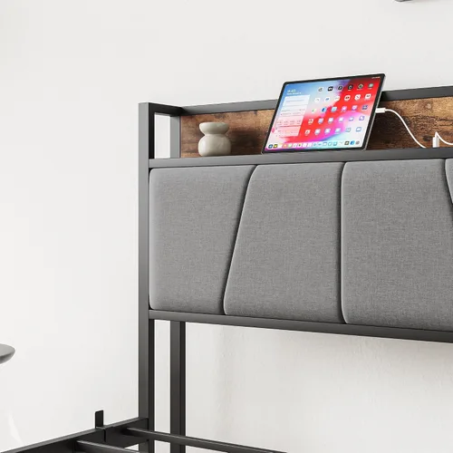 Vista 6 de Anwick Cama individual de metal, base de cama industrial tamaño individual con cabecera y 2 puertos USB, base de colchón resistente