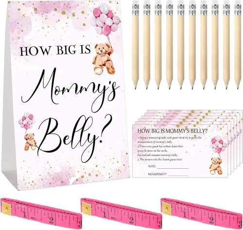 Vista 125 de Sabary 64 Piezas Juegos de Baby Shower Incluyen Letrero How Big is Mommy's Belly Sign Measure Bump Game 50 Tarjetas 10 Lápices 3 Cintas Métricas