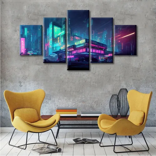 Vista 309 de Cuadros de 5 paneles de Cyberpunk City, arte de pared, representación de vallas publicitarias, edificios modernos en la capital con obras de arte