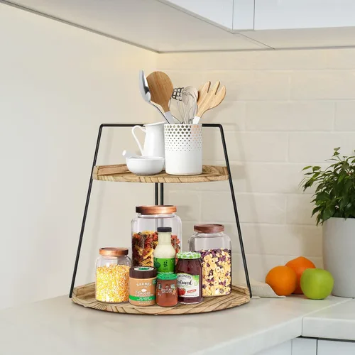 Vista 4 de Organizador de encimera de baño de 2 niveles, organizador de baño de madera, estante de almacenamiento de esquina para mostrador, decoración
