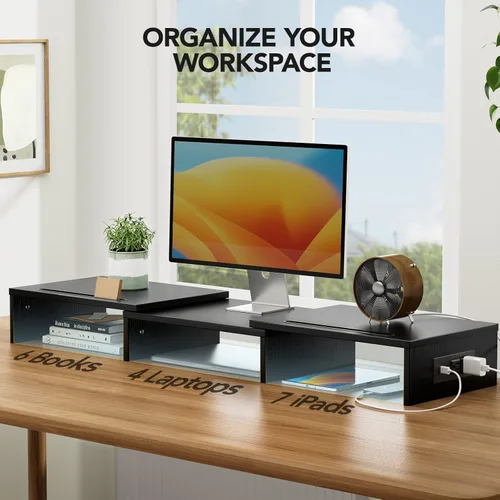 Vista 6 de HUANUO Soporte para monitor dual - Soporte de monitor con puertos USB, longitud y ángulo ajustables, elevador de monitor dual con toma