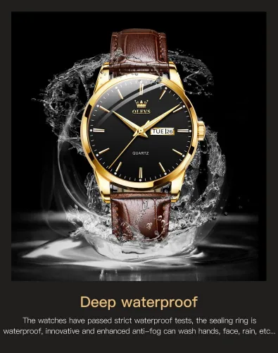 Vista 3 de OLEVS Relojes para hombres de cuero marrón caja dorada analógico cuarzo moda negocios vestido reloj día fecha luminoso impermeable casual masculino