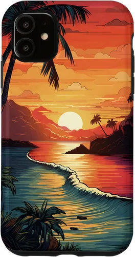 Vista 5 de Funda para iPhone 14 Sunset Beach con palmeras, colorida estética Hawaii
