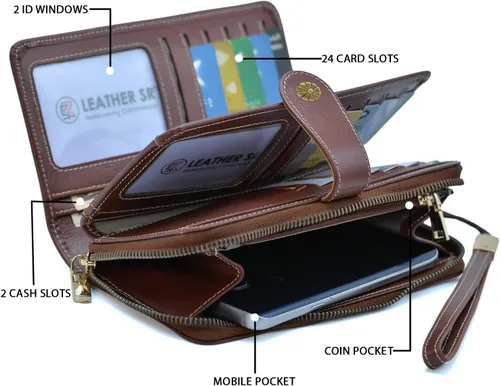 Vista 2 de Cartera de pulsera para mujer, gran capacidad con correa para la muñeca, piel auténtica, embrague triple RFID, bolso de mano marrón, Marrón
