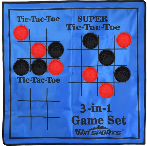 Vista 7 de Win SPORTS Juego de damas gigantes 3 en 1, Super Tic Tac Toe, incluye alfombra reversible con 24 damas, actividad interior y exterior para niños