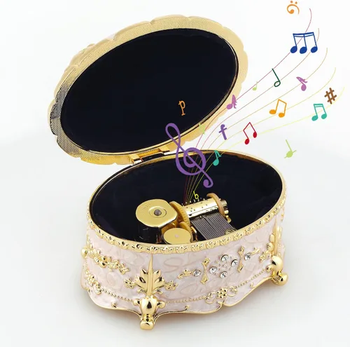 Vista 14 de ROSIKING Caja de música de aleación de metal en relieve en forma de corazón azul, caja musical antigua para joyería con cuerda, regalos