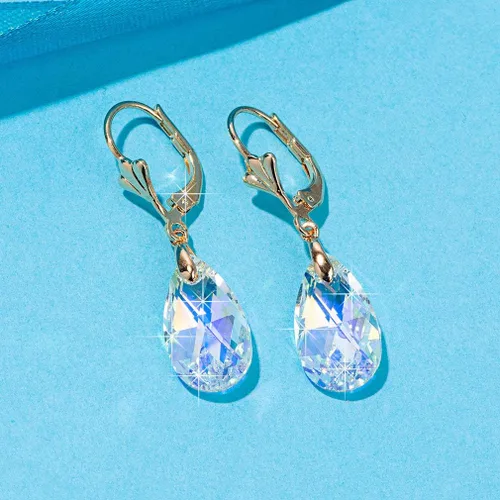 Vista 6 de Aretes con dijes con forma de lágrima de cristal austriaco, para mujer, cierre catalán, chapados en oro de 14quilates joyas hipoalergénicas