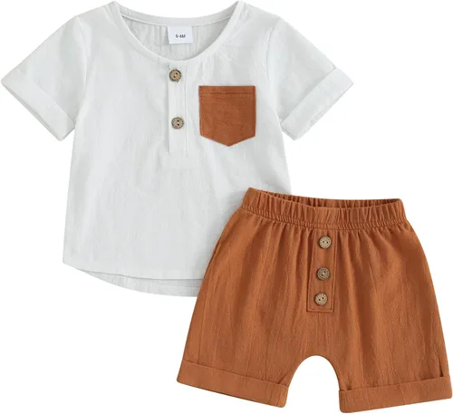 Vista 78 de Conjunto de ropa casual de manga corta con botones y pantalones cortos de lino para bebés y niños pequeños