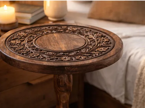 Vista 3 de Mesa auxiliar de madera rústica de 12 x 22 pulgadas, mesa auxiliar tallada a mano, mesa de noche con acabado quemado para dormitorio, mesa