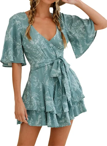 Vista 3 de Relipop Enterizo de verano para mujer, diseño floral, cuello en V, manga corta, cintura con nudo y dobladillo con volantes, overol corto casual