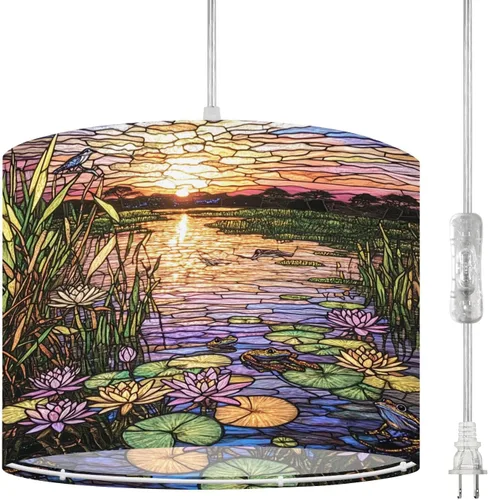 Vista 15 de Plug in Pendant Light Succulent Field Stained Glass Panel Hanging Lamp with Plug in Cord 16.4 ft Dimmable Hanging Light for Bedroom Kitchen Island