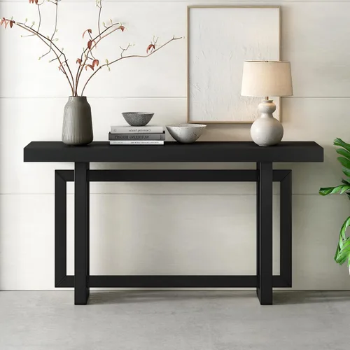 Vista 22 de Mesa de consola de madera de 152 cm con tapa de chapa de roble y patas curvadas delgadas de madera de goma, elegante mesa de sofá para sala