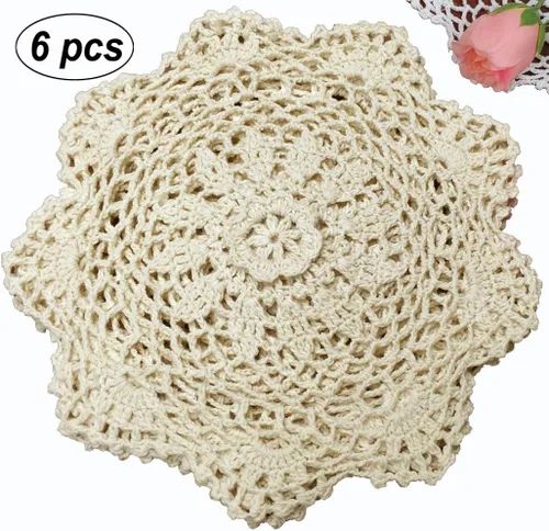 Vista 2 de Creative Linens Tejidos de encaje de ganchillo, 6 piezas de 8 pulgadas de algodón beige redondo hecho a mano