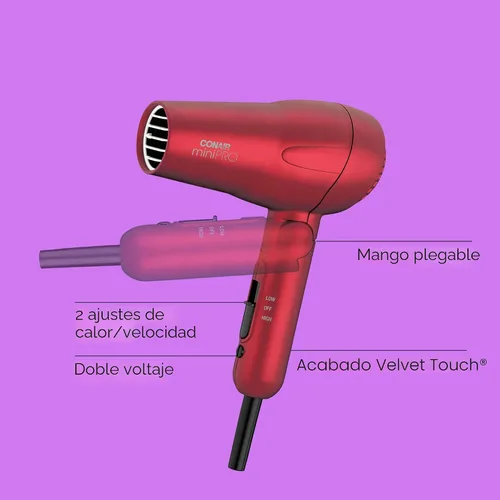 Vista 2 de Conair MiniPro Mango plegable Turmalina cerámica Styler/secador de pelo; Rojo