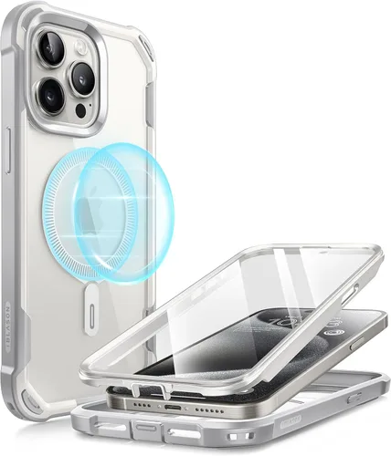 Vista 9 de i-Blason Funda para iPhone 15 Pro, compatible con MagSafe, protector de pantalla integrado, protección contra caídas de cuerpo completo, funda Gris