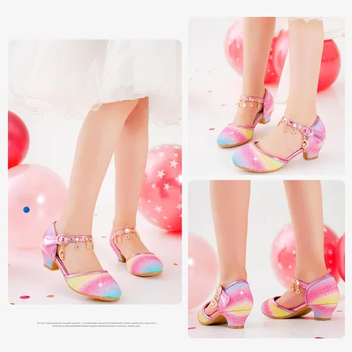 Vista 6 de Furdeour Zapatos de vestir para niñas, zapatos de princesa con tacón alto de cristal, puntera cerrada, fiesta, boda, flores, zapatos para niñas