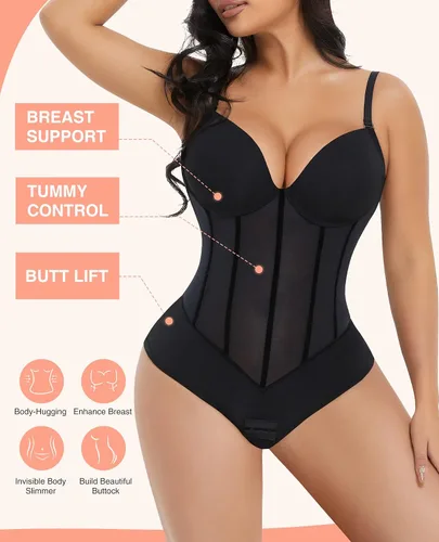 Vista 4 de FeelinGirl Body moldeador de tanga para mujer, con control de abdomen, cuello en V, de malla, parte superior delgada, sin espalda, moldeador