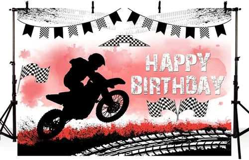 Vista 2 de MEHOFOND Telón de fondo de feliz cumpleaños, decoración de fiesta de motocross, telón de fondo de pista de neumáticos de motocicleta, suministros