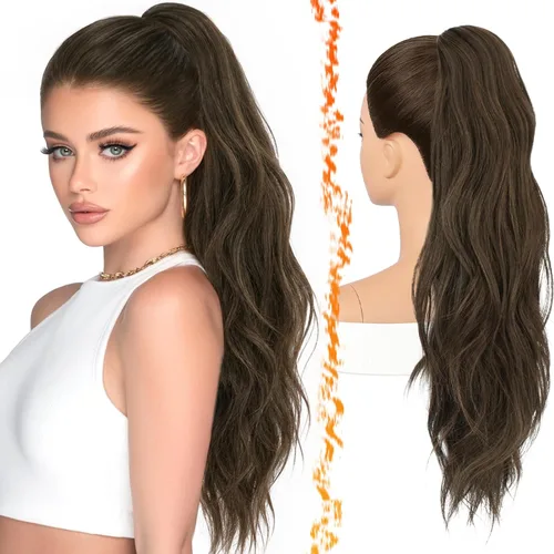 Vista 21 de BARSDAR 25 Inch Synthetic Dual Claw Clip Auburn Brown Loose Wavy Ponytail