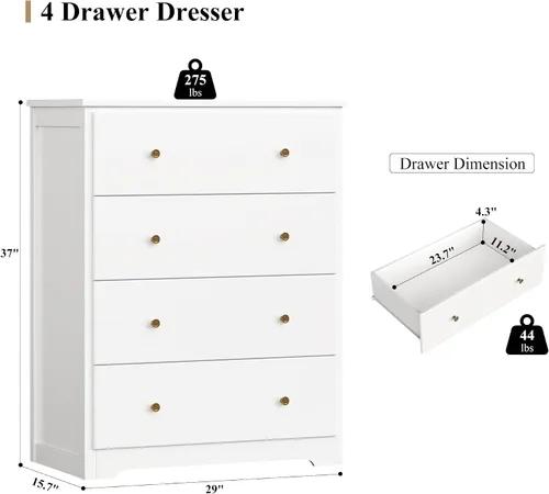 Vista 8 de HOUSUIT Cómoda blanca, cómoda de 4 cajones, cómoda alta moderna, armario de almacenamiento de madera para sala de estar, pasillo, entrada, oficina