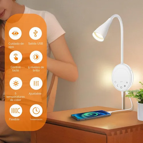 Vista 7 de SANKEDOU Luz de lectura LED para montaje en pared, luces de lectura de cabecera con control táctil, 5 regulables, salida USB, luz nocturna