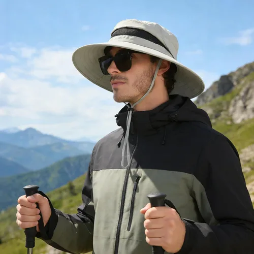 Vista 8 de Sombrero Boonie de ala ancha impermeable UPF 50+ para hombre, protección contra el sol y la lluvia Beige