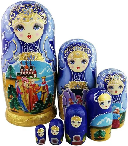 Vista 8 de Winterworm Hermoso patrón azul y dorado de cuento de hadas hecho a mano de madera tradicional rusa muñecas de anidación Matryoshka Set de 7 piezas