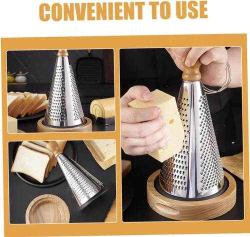 Vista 6 de Uonlytech Multifunctional Kitchen Cheese Grater with Wood Handle Stainless Steel Three-sided Design Stable Stand for Home Restaurant Vegetable