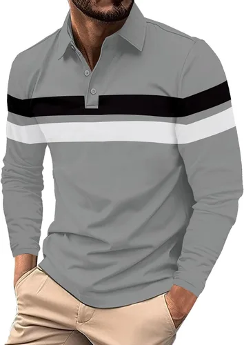 Vista 9 de Camisa polo para hombre, manga larga, cuello abotonado, bloque de color, moda para trabajo y golf