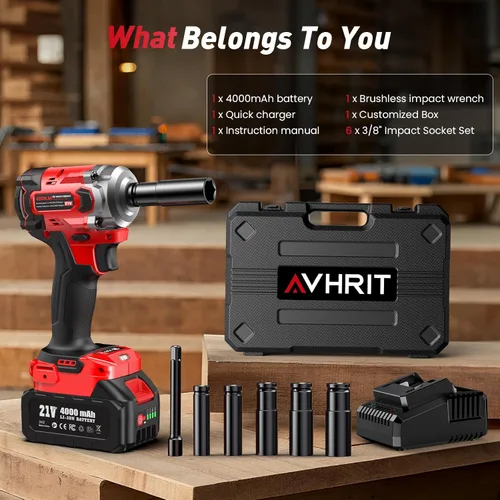 Vista 8 de Llave de impacto inalámbrica de 3/8 pulgada, pistola de impacto eléctrica de 450 N.m/ 330 Ft-lbs con motor sin escobillas, batería de 4000 mAh