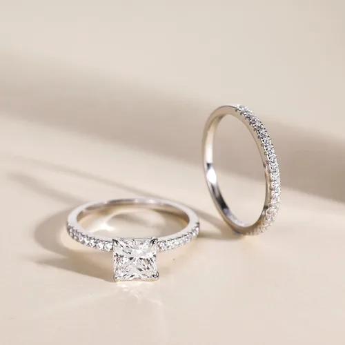 Vista 3 de EAMTI - Juego de anillos de novia de plata de ley 925 de 2 quilates, anillos de compromiso de corte princesa de circonia cúbica para alianzas
