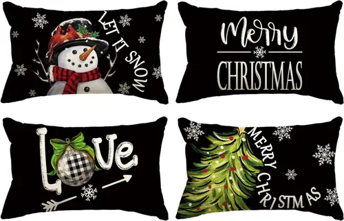 Vista 10 de AVOIN colorlife - Juego de 4 fundas de cojín con diseño de muñeco de nieve, árbol de Navidad y texto "Merry Christmas, Let It Snow, Love" en negro