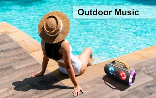 Vista 8 de Fisher Altavoces Bluetooth, altavoz inalámbrico portátil de 20 W de potencia máxima Boombox con sonido HD y luces, resistente al agua, tiempo