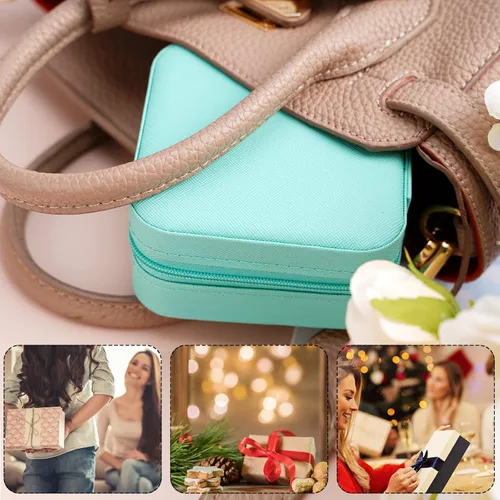Vista 6 de Mini caja de joyería portátil de viaje de cuero organizador de anillos de joyería caja de regalo para niñas y mujeres 2 piezas azul