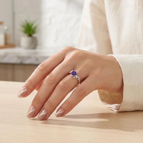 Vista 5 de Luo Anillos de Plata de Ley 925 de 7MM con Forma Redonda y Piedras Preciosas, Anillos de Compromiso con Diseño de Hoja, Anillos de Promesa