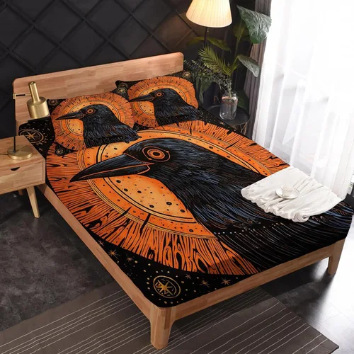 Vista 2 de Juego de sábanas de cuervo tamaño individual – Sábanas de microfibra suave con bolsillo profundo y sábanas y fundas de almohada estampadas sin