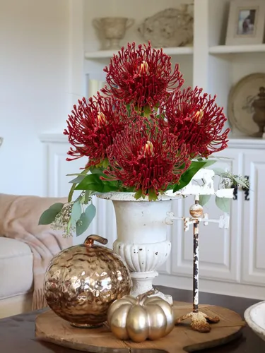 Vista 5 de Hollyone 3 piezas de flores artificiales rojas de crisantemo de otoño, margaritas de araña de seda de 72 cm de largo, flores falsas de leucospermum