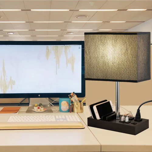 Vista 3 de Briever Lámpara de mesa USB, lámpara multifuncional de mesita de noche con 2 salidas de CA, 3 puertos de carga USB y organizador de soporte