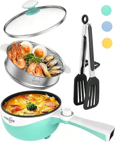 Vista 12 de Audecook Olla Caliente Eléctrica, Mini Sartén Eléctrica Portátil de 1.7L con Ajuste de Potencia, Sartén de Salteado Antiadherente para Ramen
