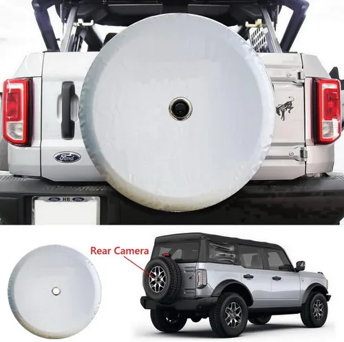 Vista 7 de Compatible con Jeep Wrangler, cubierta para neumático de repuesto para Ford Bronco con orificio para cámara, funda para rueda trasera con orificio