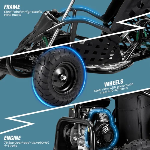 Vista 6 de HOVER HEART 79cc 4-Stroke Gas Go Kart, 2.5HP todoterreno GoKart aprobado por EPA con marco tubular de acero, cinturón de seguridad, neumáticos todo